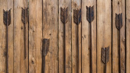 Rustic wooden fence with carved arrows, showcasing craftsmanship in a serene outdoor setting