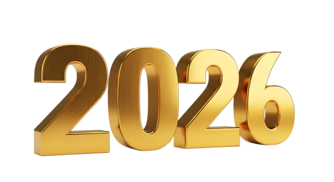 Golden 3d numbers 2026 isolated on transparent background