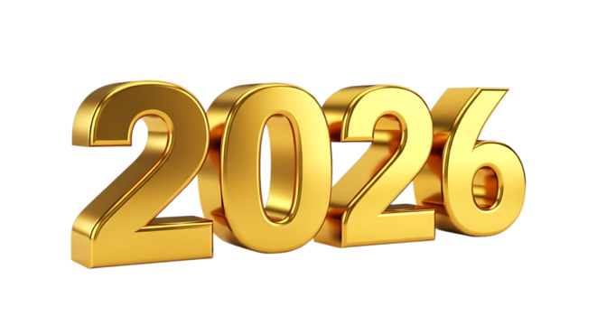 Golden 3d numbers 2026 isolated on transparent background