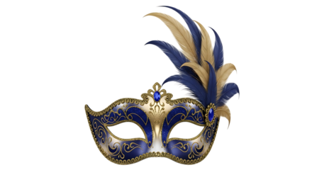 Ornate blue and gold venetian mask with feathers on transparent background