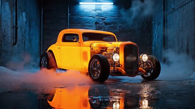 Blazing orange hot rod custom car revs engine amidst smoky winter alley glow