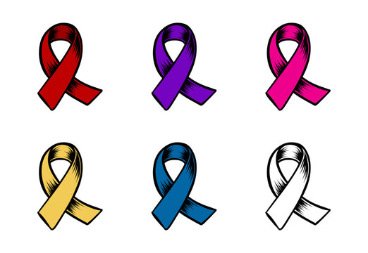 Hand Drawn  Awareness Ribbon Set Red, Pink, Purple, Blue, Yellow, White