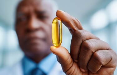 Man examining a yellow drug capsule in a medical setting with industrial background