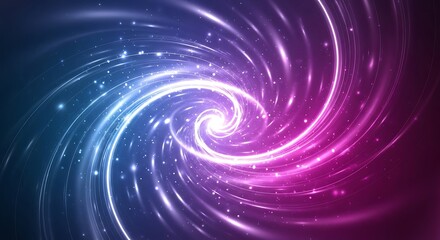 Naklejka premium A dynamic spiral design featuring vibrant purple and blue hues, glowing light streaks, and shimmering particles creates an eye-catching abstract background.
