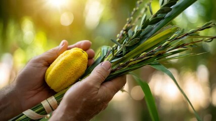 Sukkot celebration, lulav and etrog, Jewish festival, traditional ritual, harvest holiday, autumn festivity, religious observance, cultural significance, hands holding, greenery and fruit