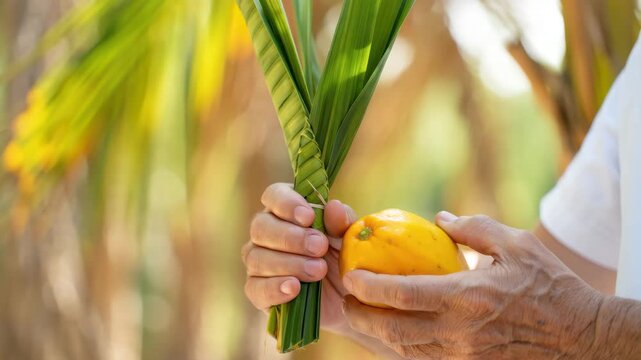 Four species for Sukkot celebration, festive Jewish holiday ritual, tradition, lulav and etrog, palm leaves, citrus fruit, religious festival, autumn harvest, spiritual practice, Jewish customs