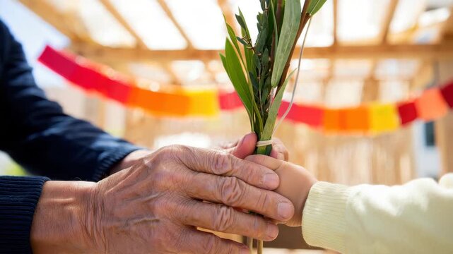 Jewish Sukkot celebration, generational bonding, Lulav holding, autumn festival, family tradition, harvest festival, cultural heritage, intergenerational connection, spiritual ritual, festive decor