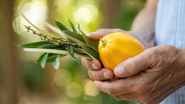Sukkot four species, etrog and lulav, Jewish holiday tradition, autumn festival, ritual blessing, religious celebration, harvest season, sacred custom, spiritual symbol