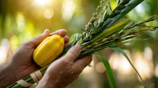 Sukkot celebration, lulav and etrog, Jewish festival, traditional ritual, harvest holiday, autumn festivity, religious observance, cultural significance, hands holding, greenery and fruit