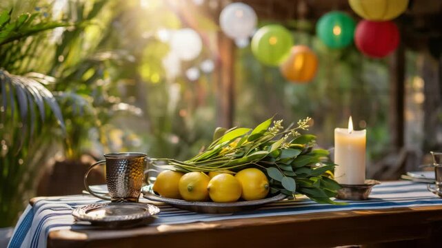 Sukkot celebration, festive table, citrus fruits, palm branches, holiday decoration, outdoor dining, warm light, cultural tradition, seasonal festivity, lush greenery