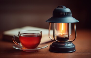 Warm tea cup and glowing lantern create cozy relaxation setting at evening gathering