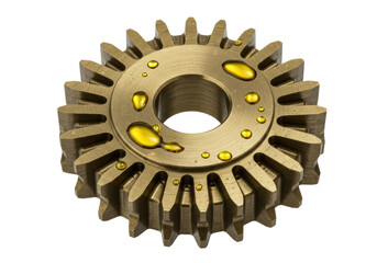 Isolated gear covered in lubricant, machine component in warm color, with precision teeth