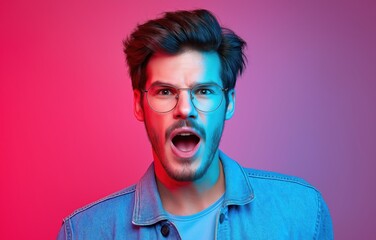 Funny man expresses mock fear with glasses against a vibrant pink and blue background
