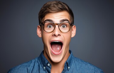 Funny guy expresses surprise with wide smile against a neutral background in a studio setting