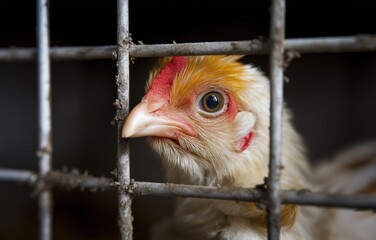 Distressed hen confined in a cramped cage in an animal abuse setting