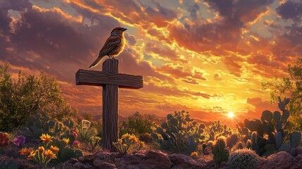 4. An anthropomorphic Savannah Sparrow stands atop a sun-bleached wooden cross in a desert landscape.