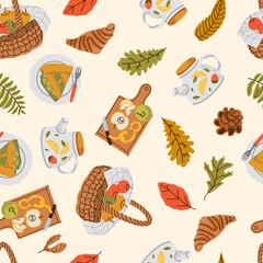 Cozy autumn pattern. Hello fall. Collection of autumn season scrapbooking Hand drawn elements with apple harvest, teapot, leaves. Background for fabric, wallpaper or gift wrapping print	