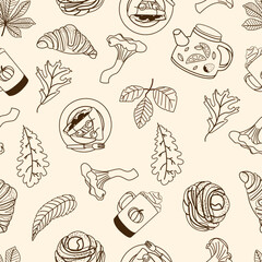 Cozy autumn seamless pattern. Fall season print. Hand drawn illustration in line style with fall finds. Great for fabric, wallpaper or gift wrapping print	