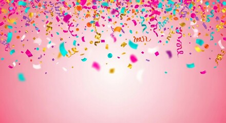 Colorful confetti falls against a pink background. The scene captures a festive atmosphere, ideal for celebrations and parties.