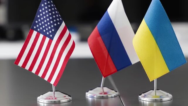 International meeting table with USA, Russia, and Ukraine flags, conference room background, concept of diplomacy, political negotiations, international relations.