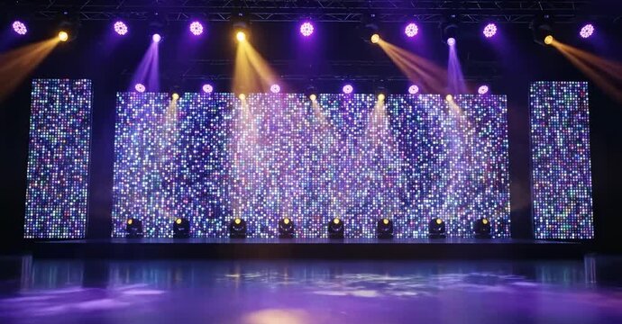Bright stage with colorful LED screen panels and vibrant spotlights, empty theater floor glowing, modern event setup, concept of concert, show, entertainment.