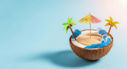Obraz premium A miniature beach scene in a coconut shell. It includes sand, small waves, a colorful umbrella, and palm trees. The background is a light blue.
