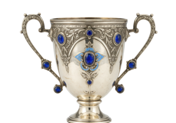 Isolated ornate silver trophy with gems, a precious prize cup for champion, award