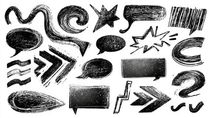 A diverse collection of black speech bubbles, stars and arrow, perfect for digital communication and modern design, presented in graphic resources.