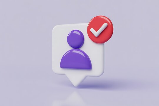 White speech bubble with a purple person icon and a red check mark on a light background