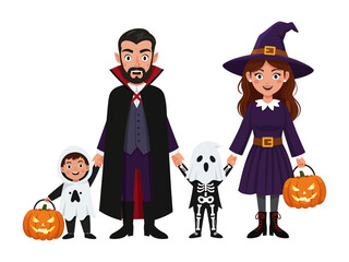 Halloween Family: A family dressed in Halloween costumes, with a pumpkin-shaped basket, creating a heartwarming Halloween scene.