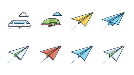 A collection of vividly colored paper airplanes taking flight, showcasing the simplicity of travel and leisure through colorful and modern icons.