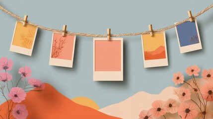 A nostalgic display of vintage photographs, each capturing a unique moment, delicately suspended on a rustic string.