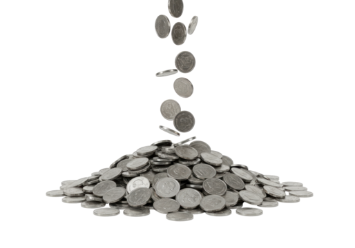 Isolated pile of Thai coins falling, baht currency of Thailand, financial investment in Asia