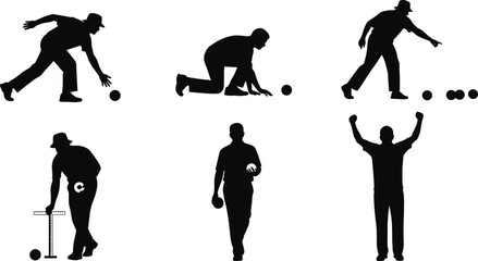 Dynamic silhouettes of people playing bocce ball and bowls, including aiming, throwing, and celebrating for sports and recreation concepts
