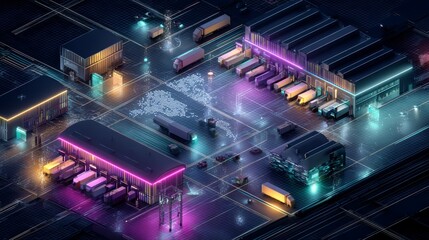 Global supply chain network illustrating futuristic automated logistics operations with neon-lit warehouses, connected transport lines, and smart distribution technology
