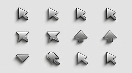 A sleek array of digital pointers of varying shapes arranged on a minimalist background, a perfect visual representation of user interface and navigation.