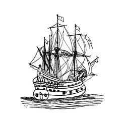 Nef, a 16th-century warship, old vintage illustration, 1879