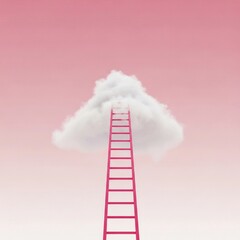 A pink ladder leads up to a fluffy white cloud against a soft pink background. The scene symbolizes aspiration and dreams.