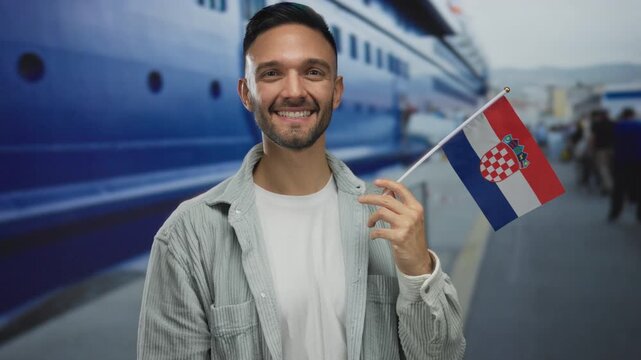 Young man holding croatian flag happily at a port with ships in the background.