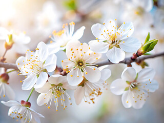 Obraz premium Closeup of delicate white cherry blossoms with yellow stamens, bathed in soft sunlight, on a branch