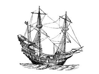 Carrack, ocean-going sailing ship of the 16th and 17th centuries, old vintage illustration, 1879