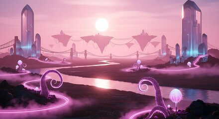 Ethereal Futuristic Landscape with Glowing Crystals, Floating Islands, and Pink River