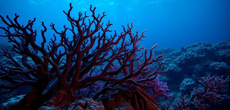Intricate black coral branching structure, deep ocean setting,  coral,  nature