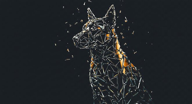 Abstract geometric wireframe dog head 3D mesh structure with golden accents and polygon particles on black background.