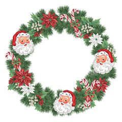 Santa Claus, Christmas fir branch, red star flower, mistletoe, candy cane wreath. Winter holiday decoration.	