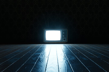 3D Rendering of an old television with transparent png screen on wooden planks at night