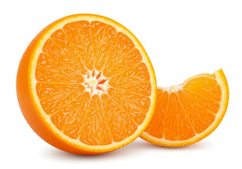 Fototapeta premium Freshly cut orange with juicy slice ready for healthy eating, vitamin C boost, or vibrant summer recipes on white background for bright, happy vibes