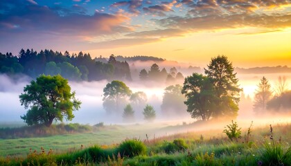 A sunrise bathes a misty meadow with golden light. Trees emerge from the fog-filled valley, creating a serene landscape