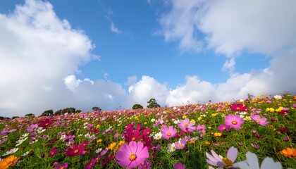 Beautiful field of blooming flowers under a blue sky