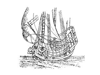 Balinger, a sailing vessel widely used in the fleets of Western European countries of the XIV - XV centuries, old vintage illustration, 1879 © Timofeeff